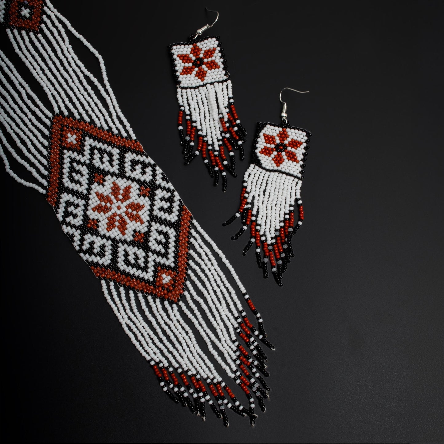 White Brown Native American Seed Bead Jewelry Set Handmade Necklace with Fringe Earrings