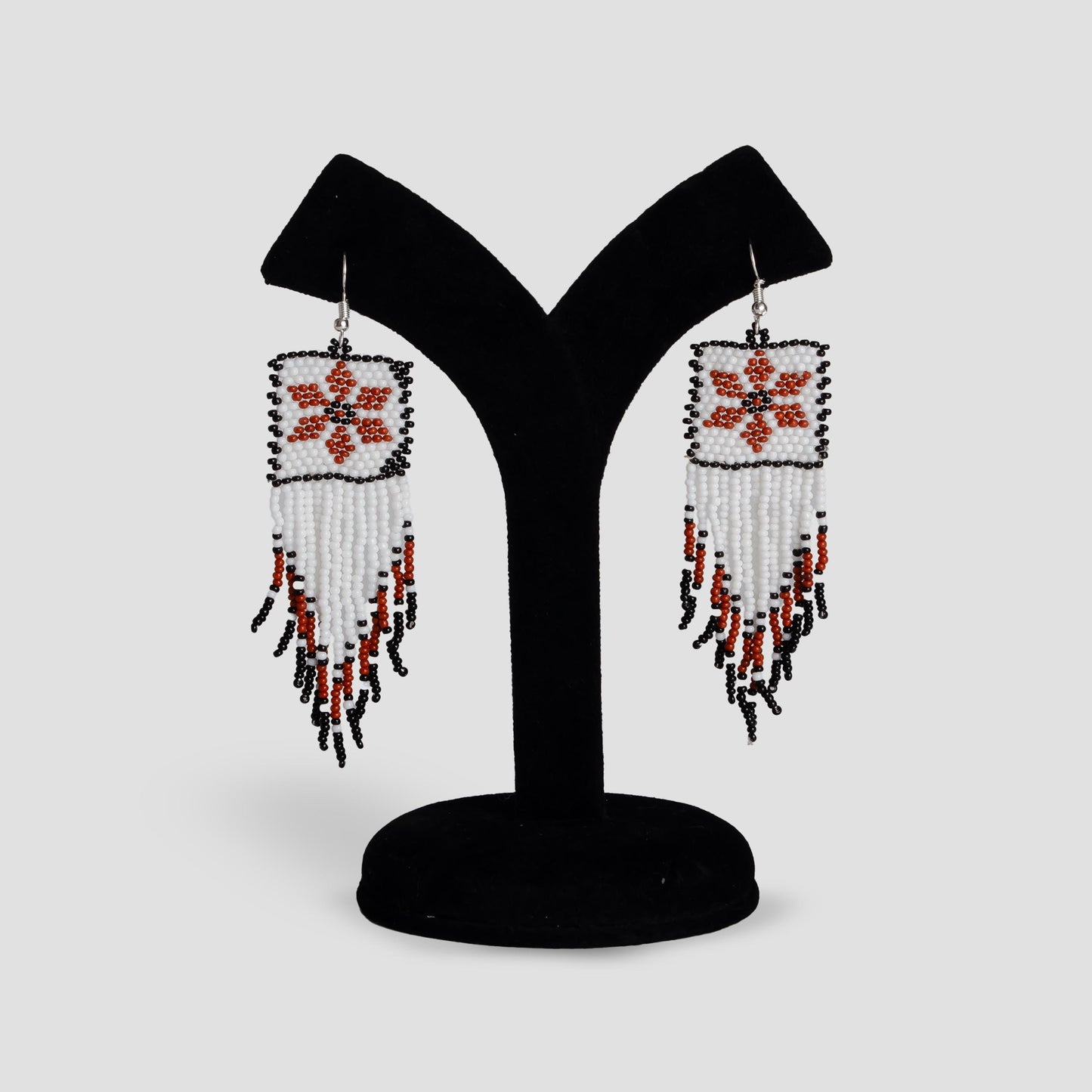 White Brown Native American Seed Bead Jewelry Set Handmade Necklace with Fringe Earrings