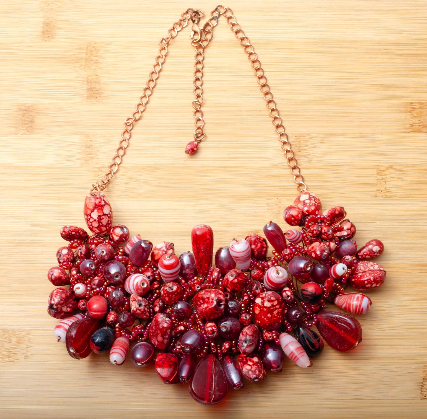 Red Glass Bead Choker Necklace Handmade Jewelry with Seed Beads Marble Print Gift for Her
