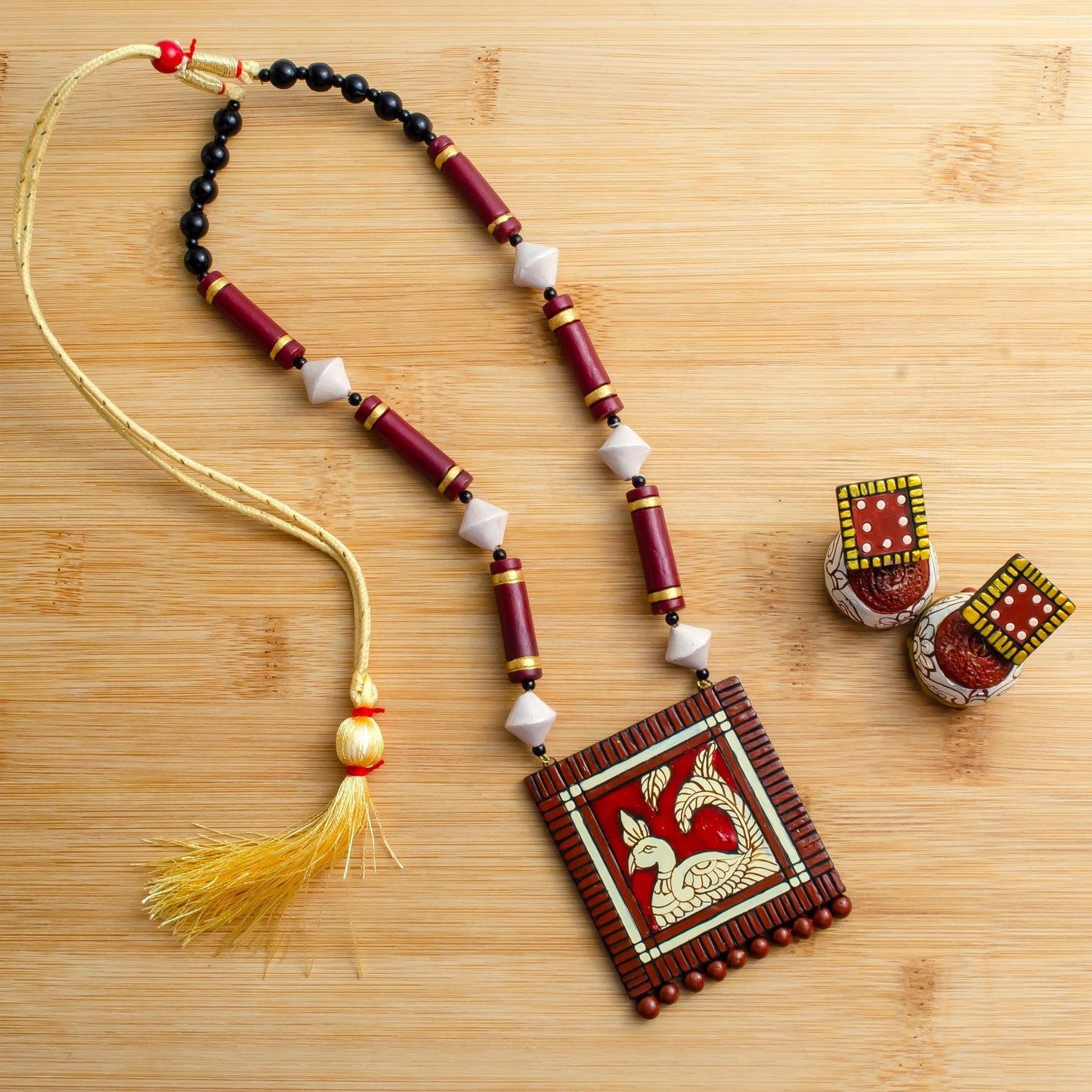 Maroon Clay Earring & Necklace Set – Tile Design Dangle Boho Jewelry | Handmade Jewelry