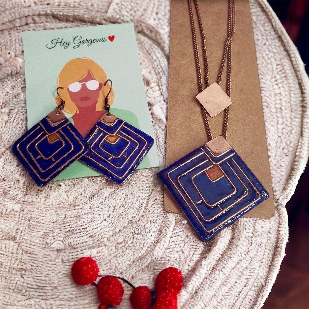 Rhombus Design Handmade Copper Earrings Geometric Minimalist Earring Modern Jewelry in Blue Valentine Gift For Her