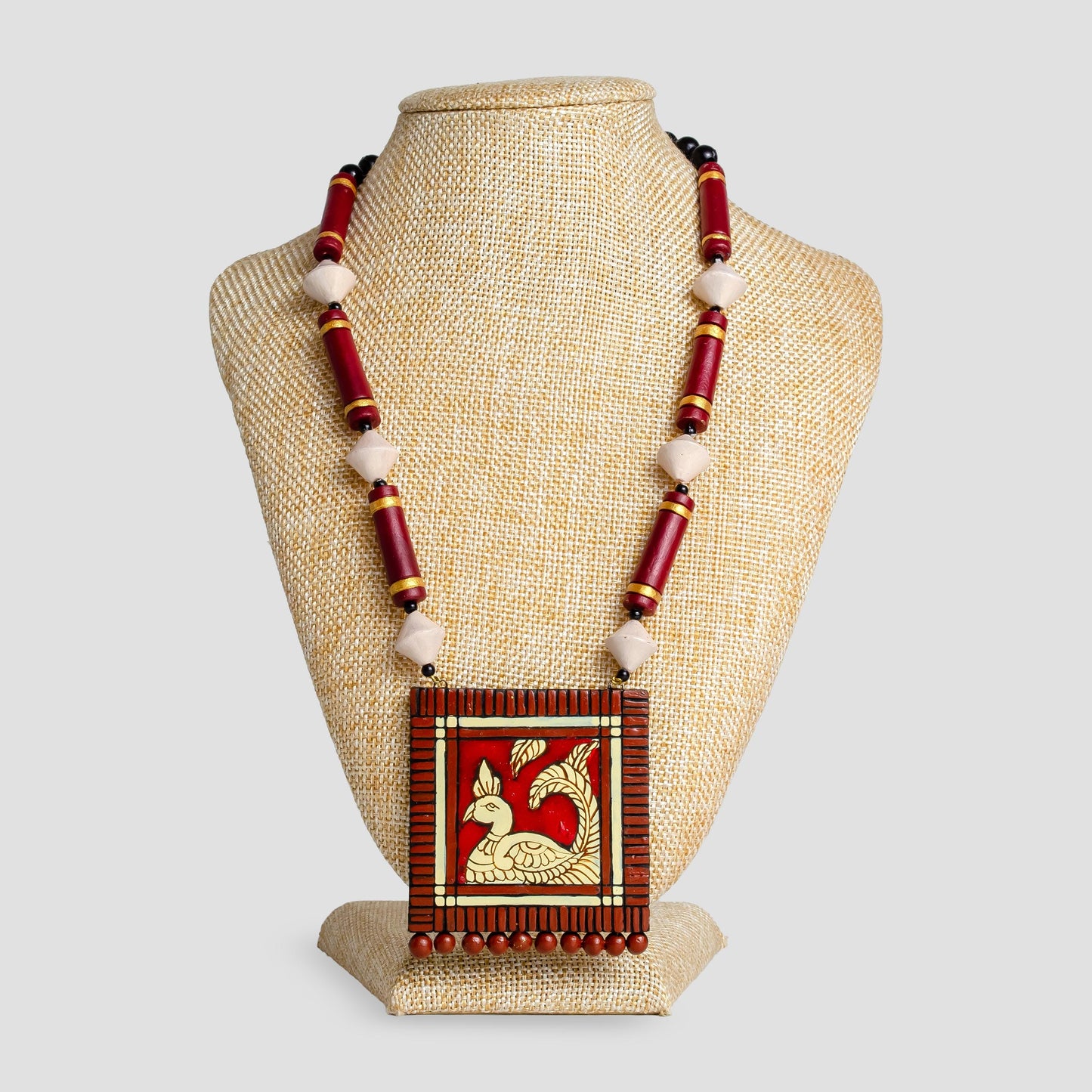 Maroon Clay Earring & Necklace Set – Tile Design Dangle Boho Jewelry | Handmade Jewelry