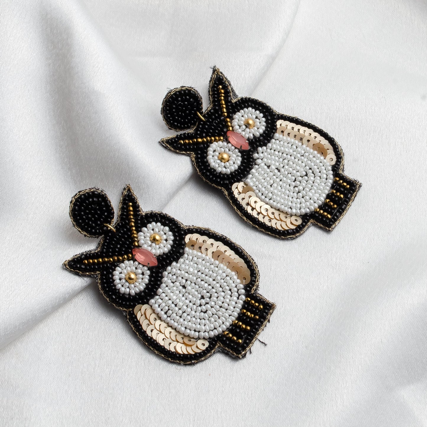 Hand Seed Bead Black White Owl Dangle Earrings Lightweight Boho Jewelry Gift for Her