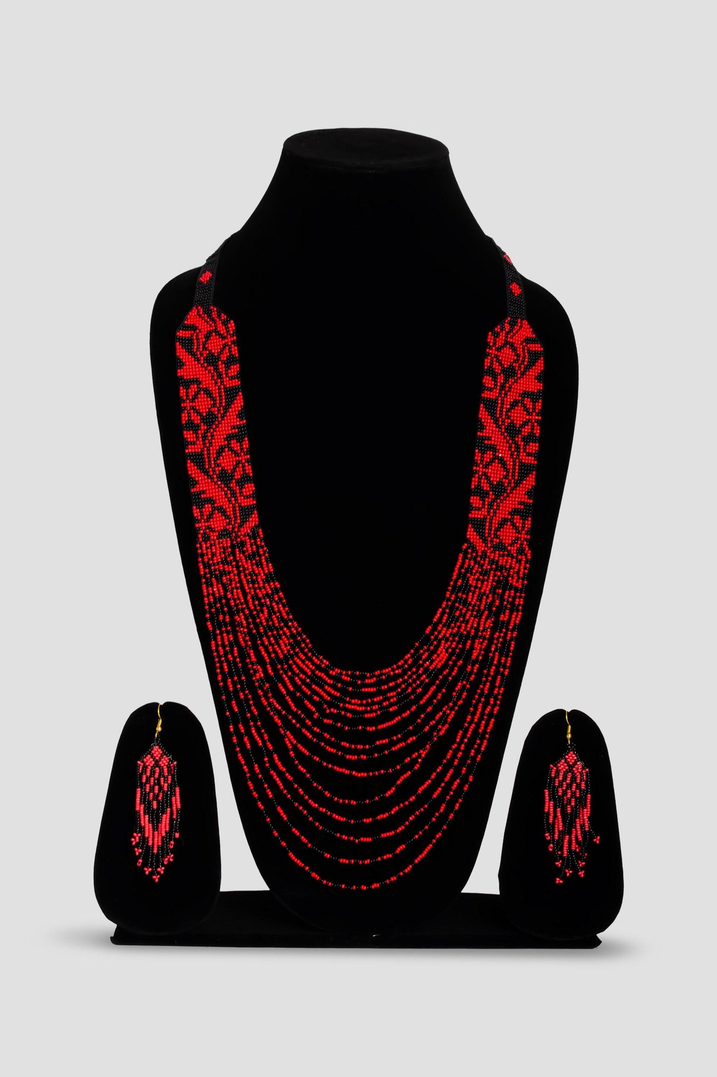 Red and Black Native American Seed Bead Jewelry Set Hippie Statement Necklace