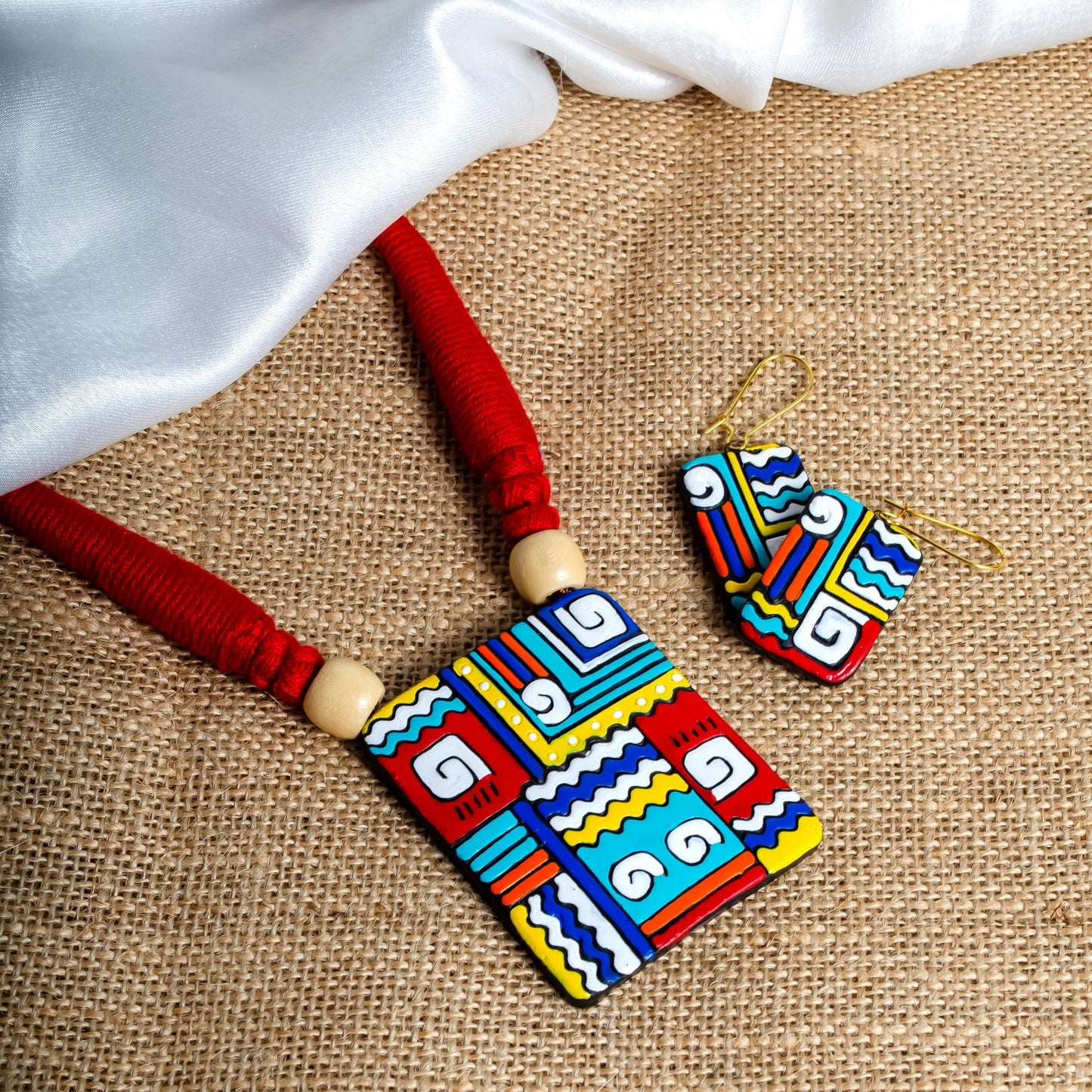 Handmade Terracotta Boho Geometric Tribal Jewelry Set Clay Necklace Boho Earrings Gifts for Her