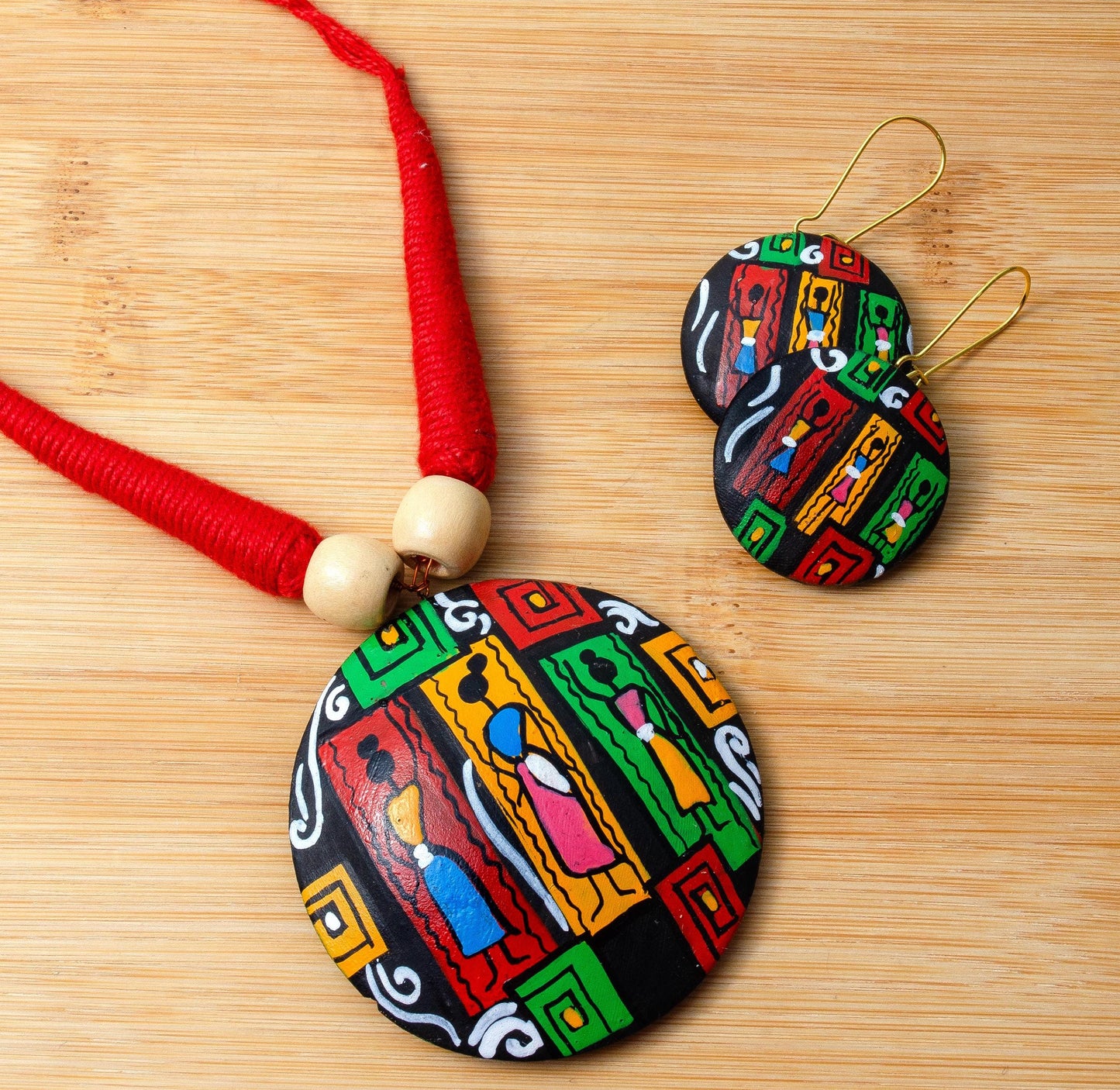 Red Oval Geometric Clay Necklace Bohemian Earrings Vibrant Tribal Design Jewelry Matching Earrings Hypoallergenic Jewelry Set