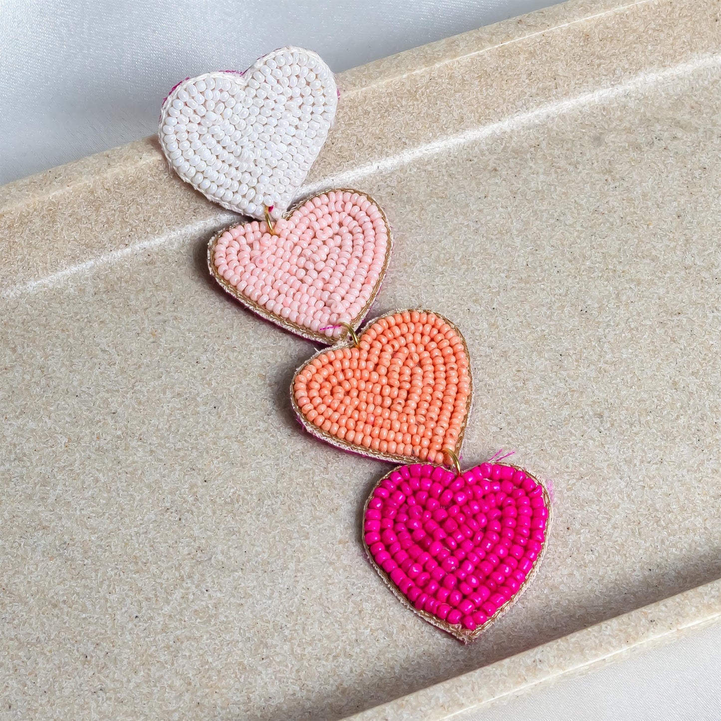 Pink Heart Seed Bead Long Earrings Lightweight Boho Jewelry Valentine’s Day Gift for Her