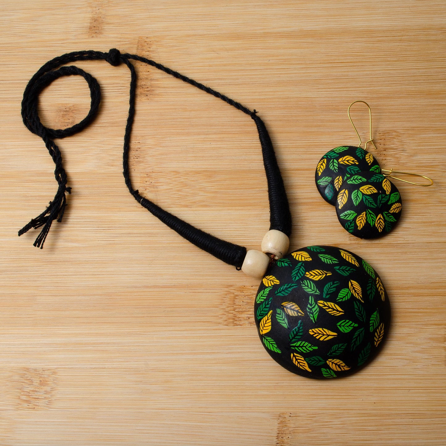 Mystical Leaf Earrings on Black Base Green Yellow Leaf Design Handmade Jewelry Unique Gift for Her Hypo allergic Jewelry Set
