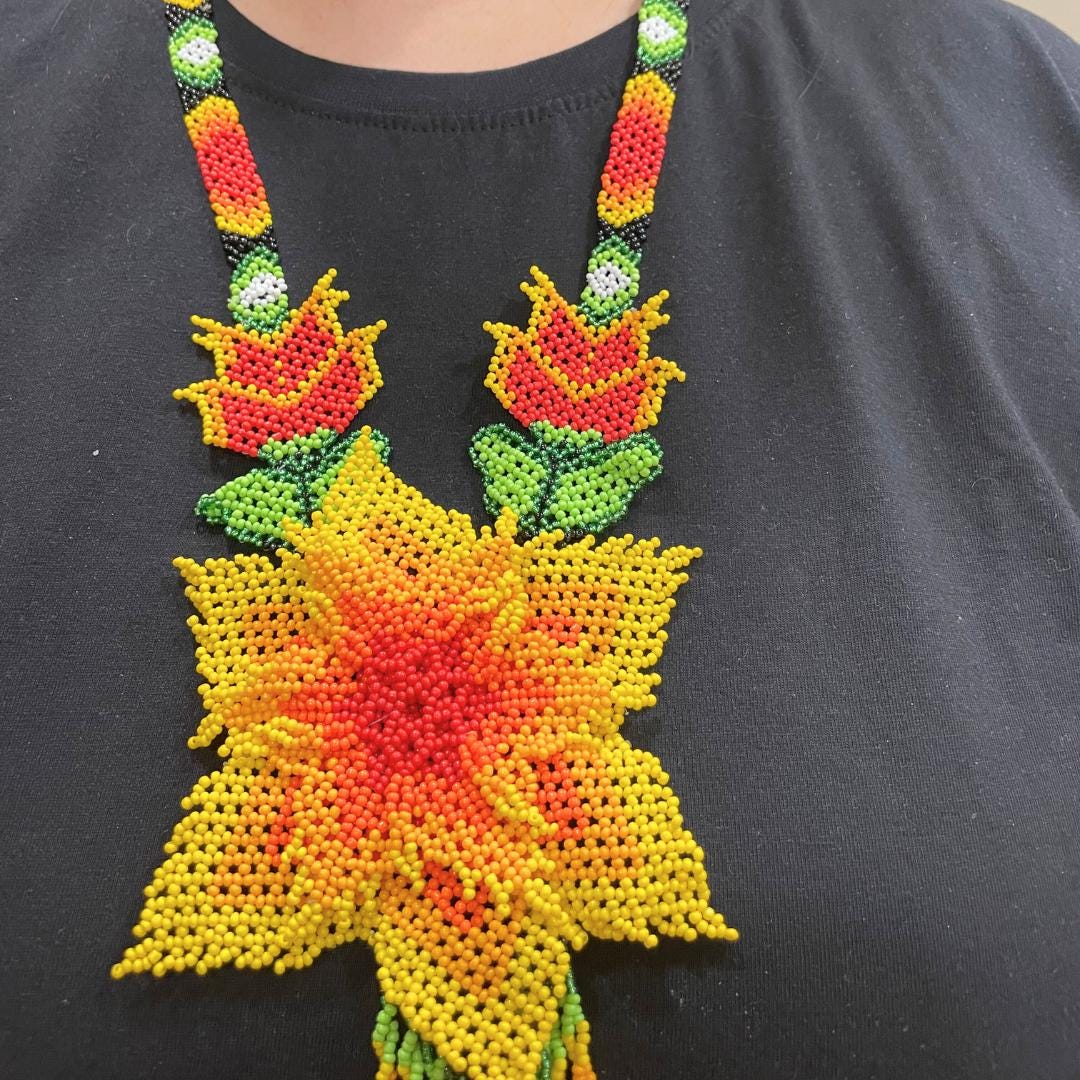 Multicolor Flower Native American Style Beaded Statement Necklace with Fringe Earrings Flower Necklace