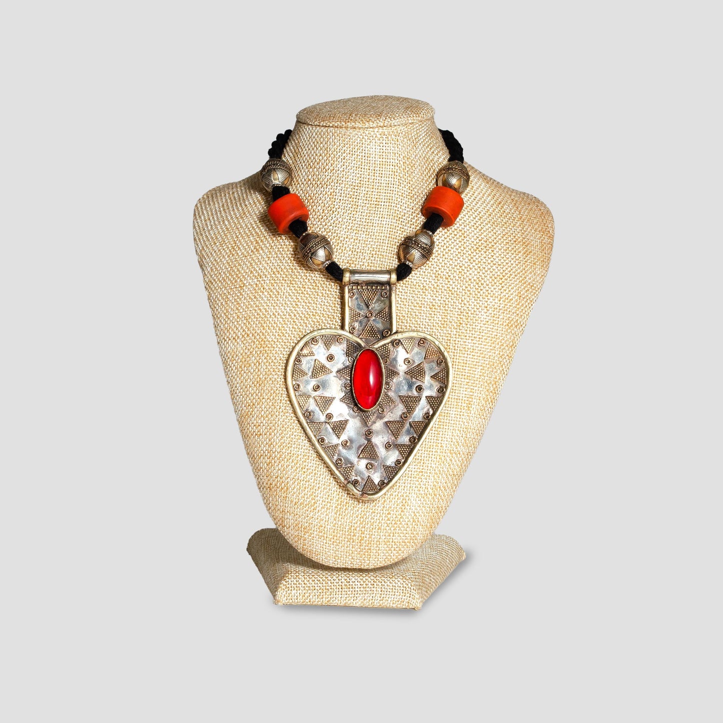 Vintage Afghan Red Glass Stone Bib Necklace Boho Tribal Necklace Gypsy Jewelry Statement Piece Heart Shape