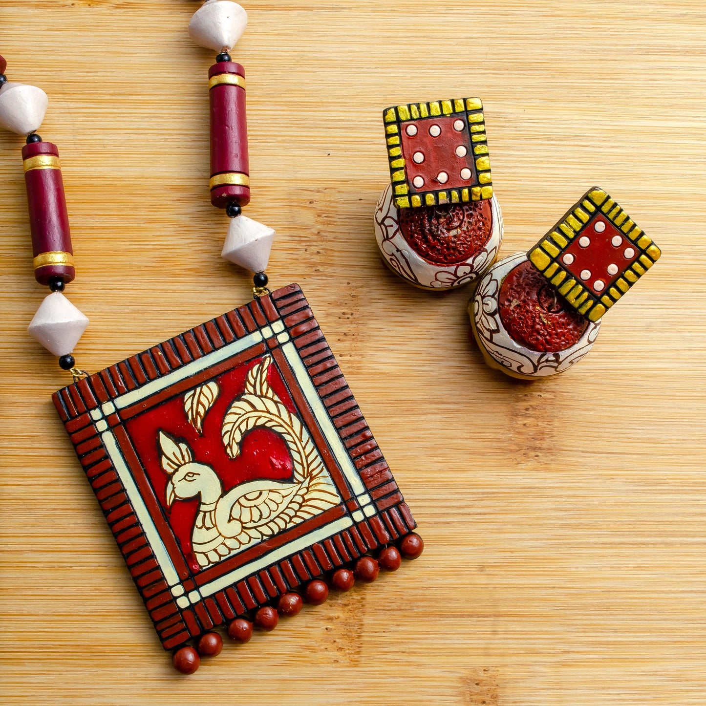 Maroon Clay Earring & Necklace Set – Tile Design Dangle Boho Jewelry | Handmade Jewelry