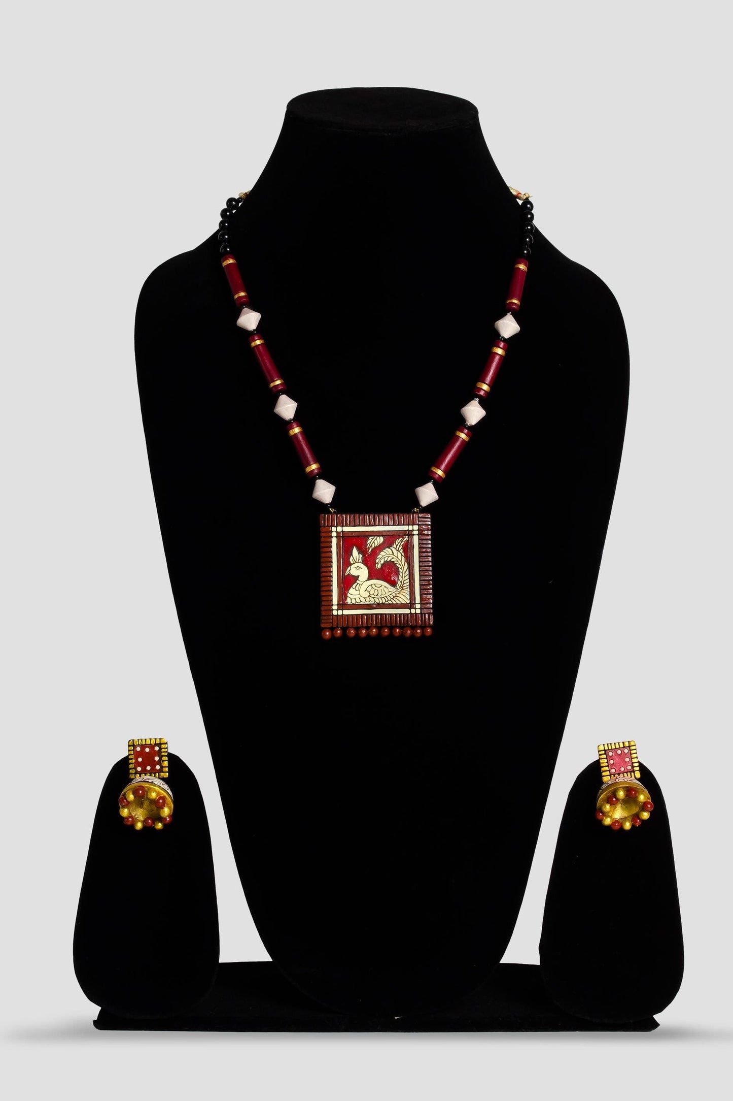 Maroon Clay Earring & Necklace Set – Tile Design Dangle Boho Jewelry | Handmade Jewelry