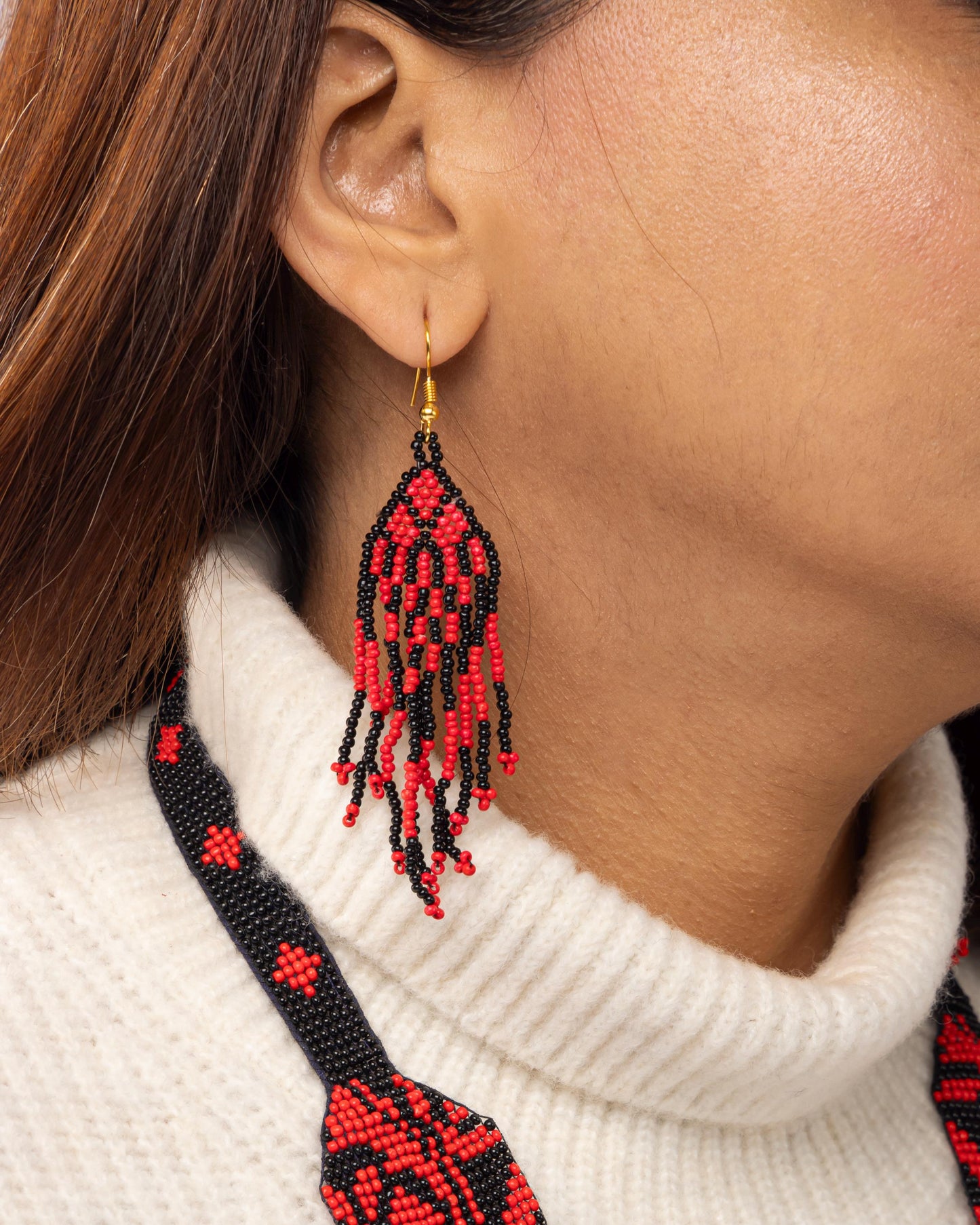 Red and Black Native American Seed Bead Jewelry Set Hippie Statement Necklace