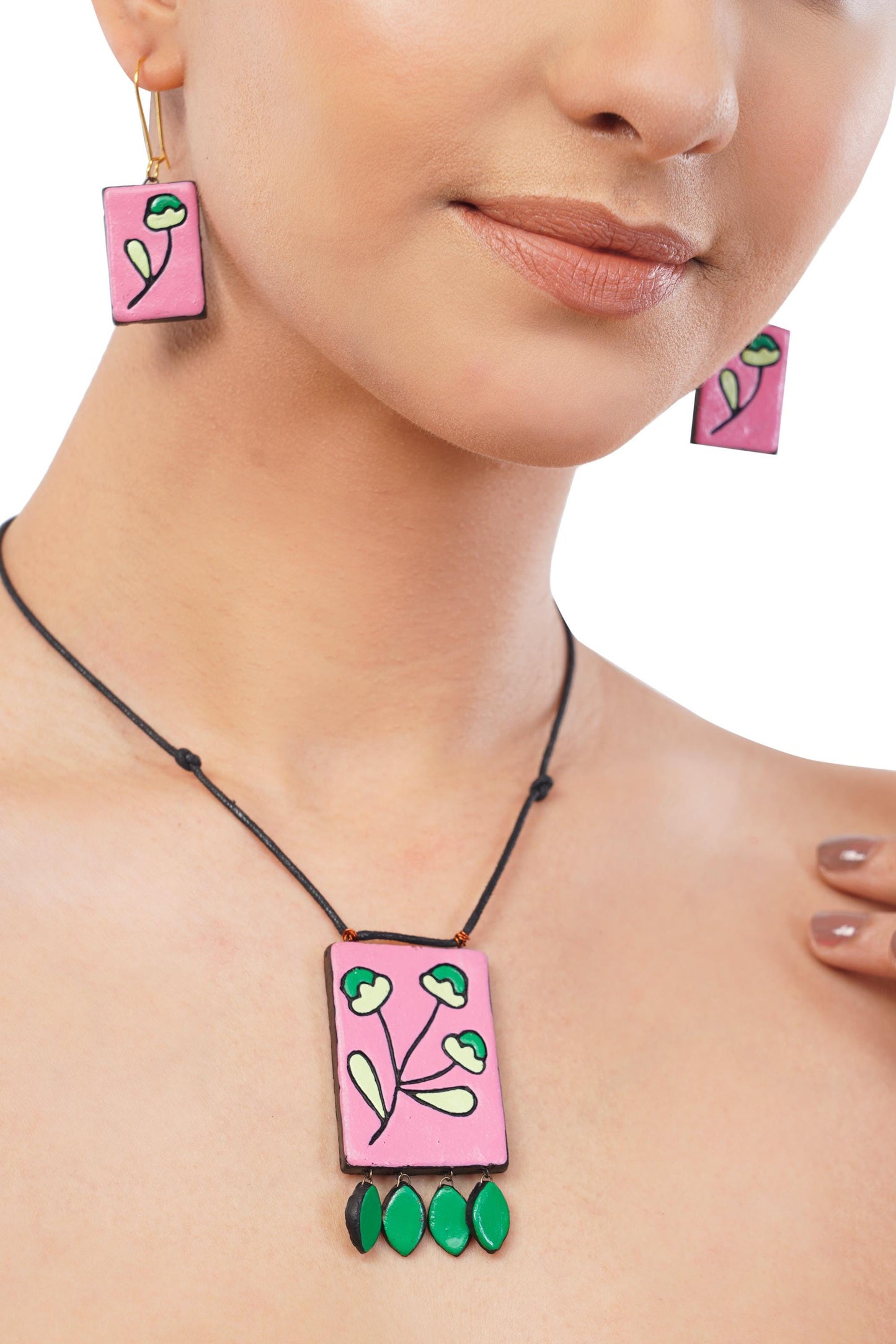 Handmade Pink Clay Jewelry Set Minimalist Rectangle Necklace with Flower Leaves Elegant Pink Jewelry