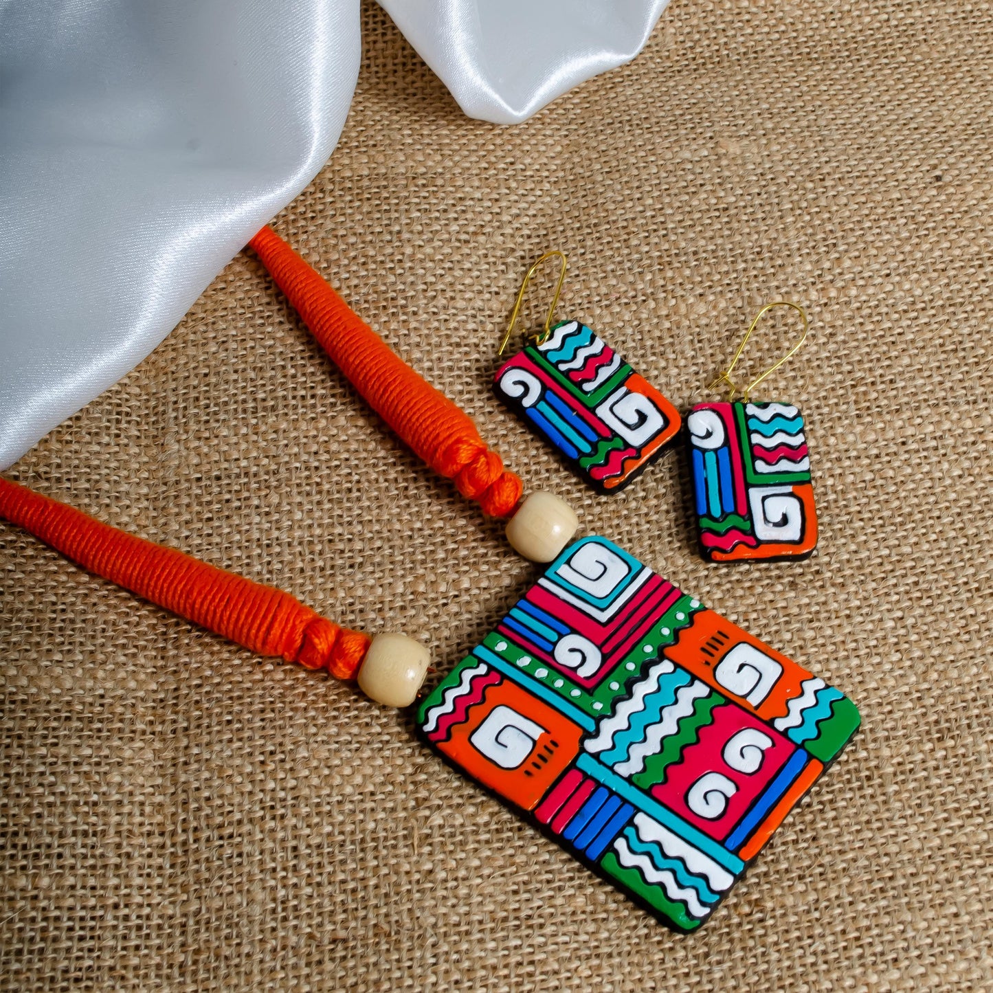 Handmade Terracotta Boho Geometric Tribal Jewelry Set Clay Necklace Boho Earrings Gifts for Her