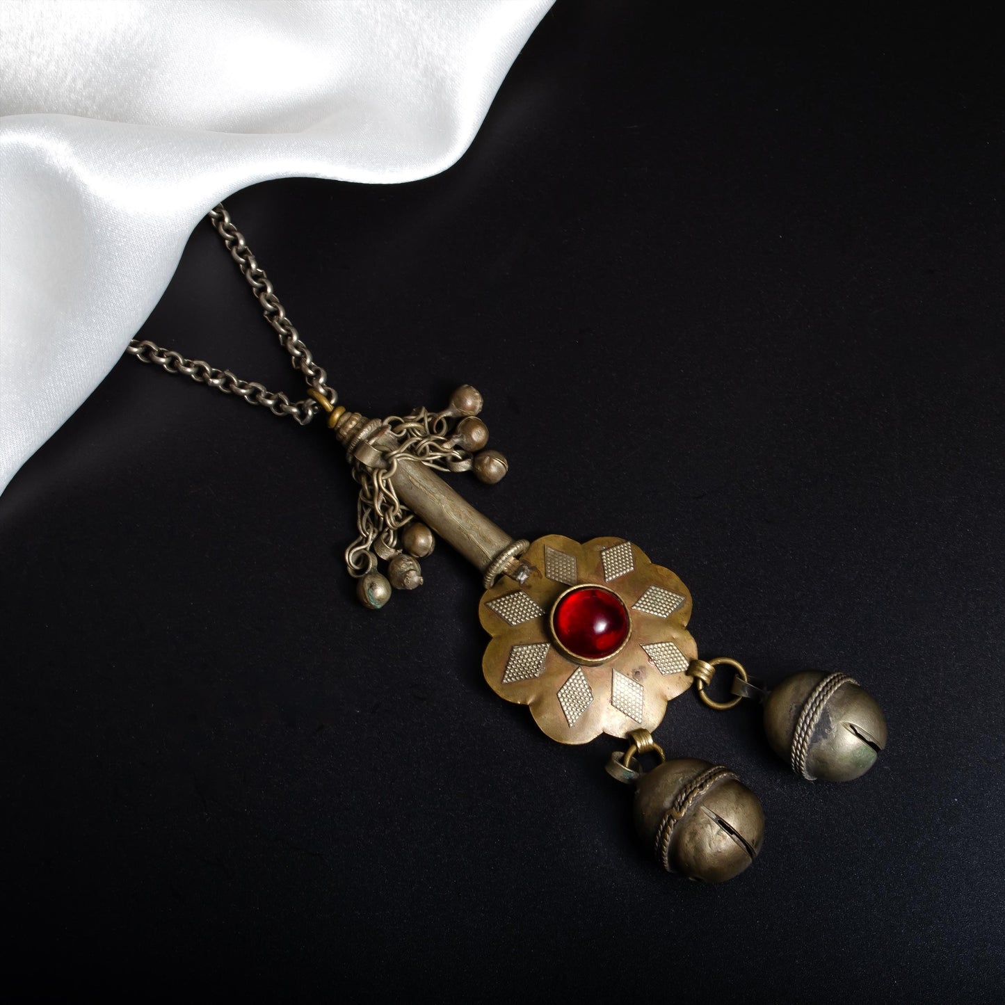 Vintage Afghan Jewelry Necklace Handmade Tribal Pendant with Red Glass Stone Gypsy Jewelry Afghan Tribal Necklace