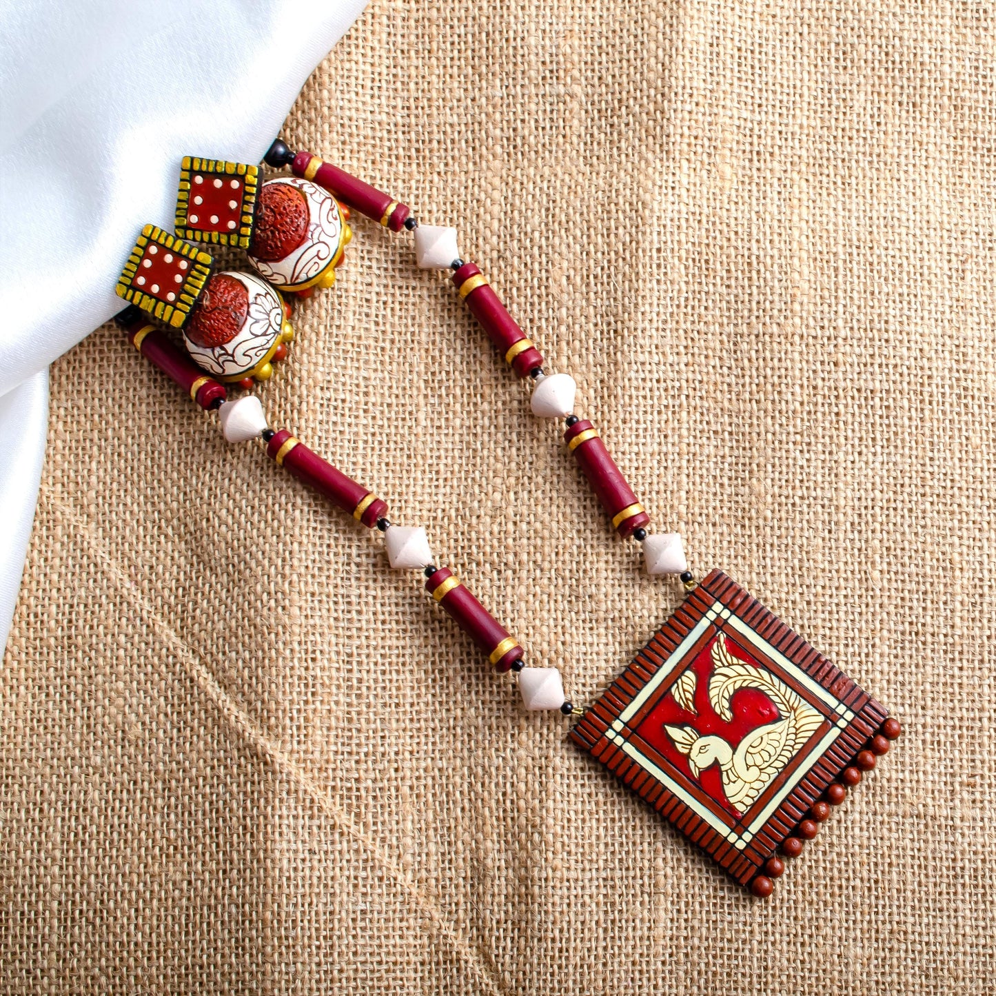 Maroon Clay Earring & Necklace Set – Tile Design Dangle Boho Jewelry | Handmade Jewelry