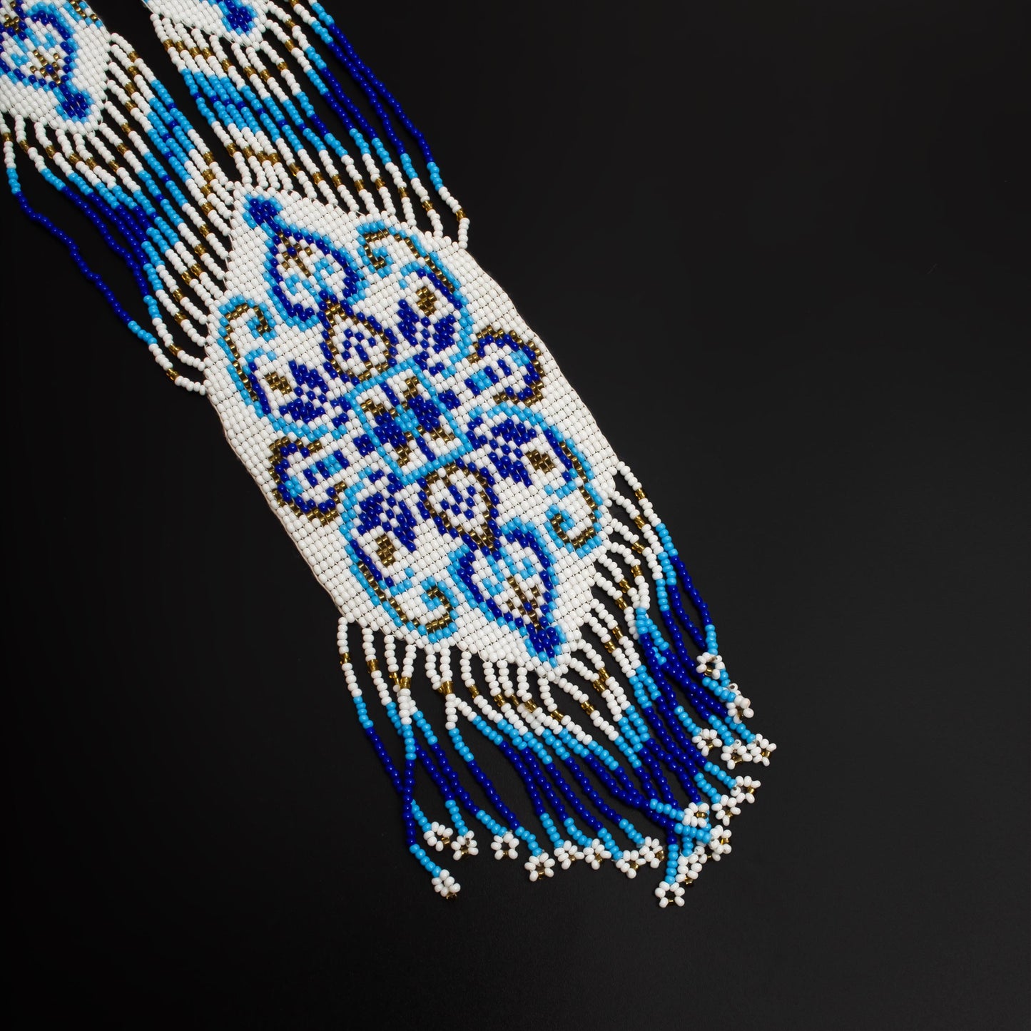 White and Blue Native American Seed Bead Long Necklace – Bohemian Wedding Necklace with Fringe Earrings