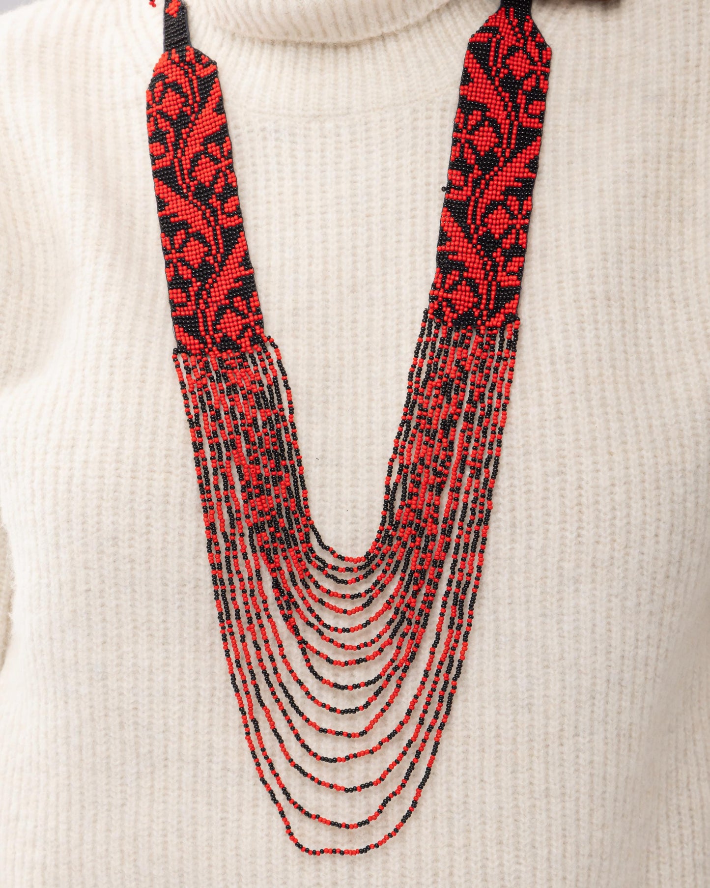 Red and Black Native American Seed Bead Jewelry Set Hippie Statement Necklace