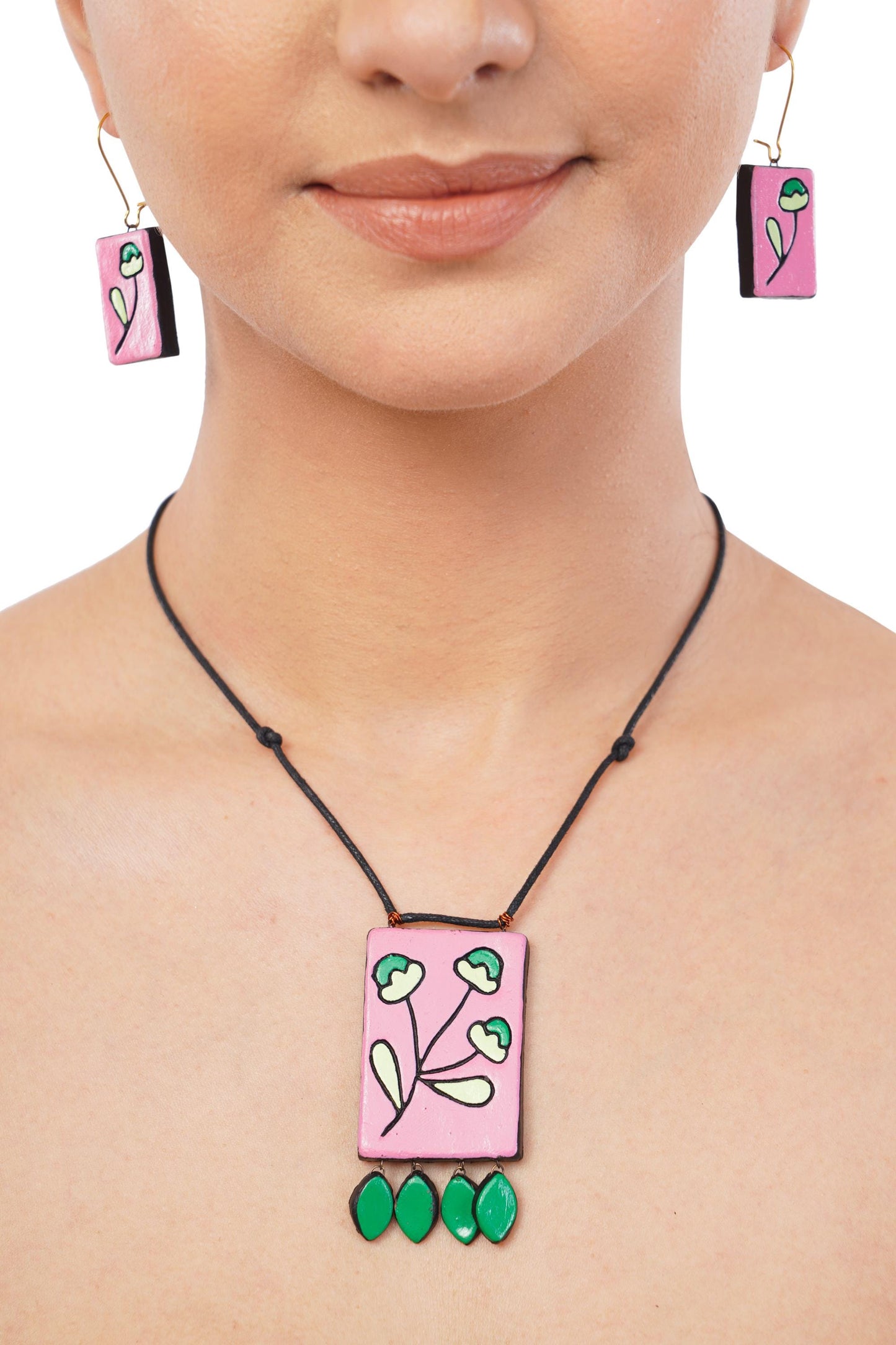 Handmade Pink Clay Jewelry Set Minimalist Rectangle Necklace with Flower Leaves Elegant Pink Jewelry