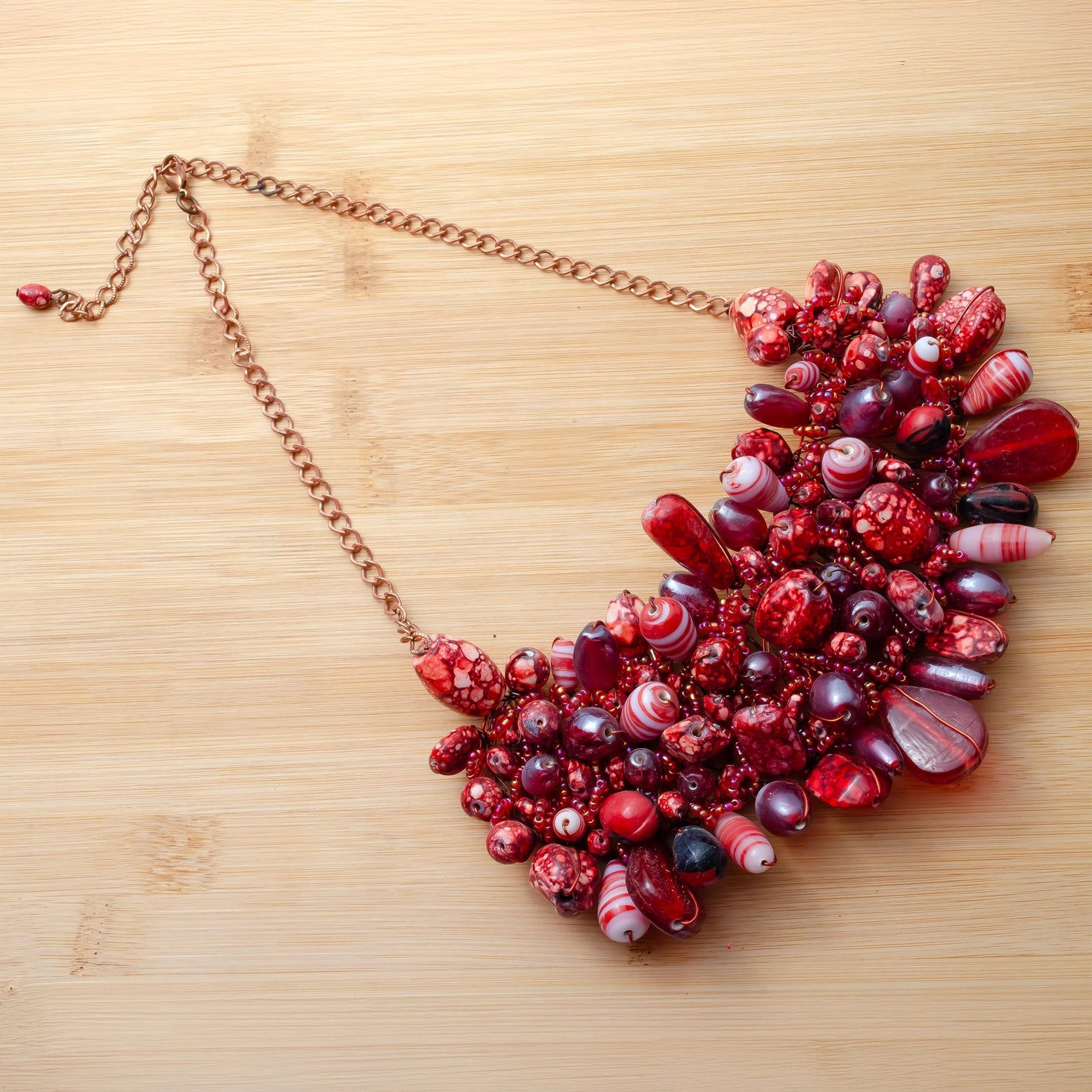 Red Glass Bead Choker Necklace Handmade Jewelry with Seed Beads Marble Print Gift for Her