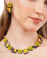 Handmade Terracotta Floral Choker Set: Red, Yellow, Pink