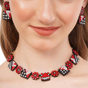 Handmade Terracotta Floral Choker Set: Red, Yellow, Pink