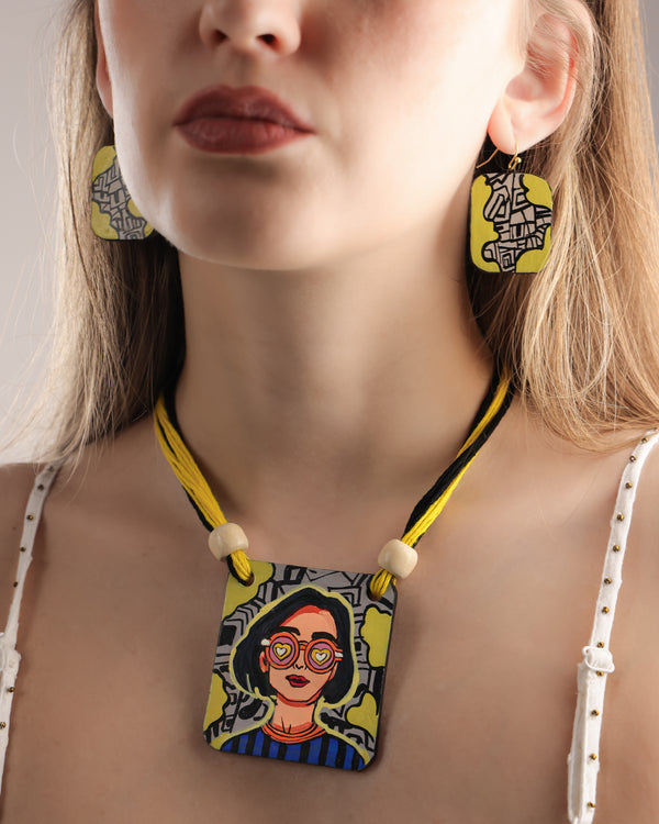 Retro Girl Clay Pendant Necklace & Earrings Set