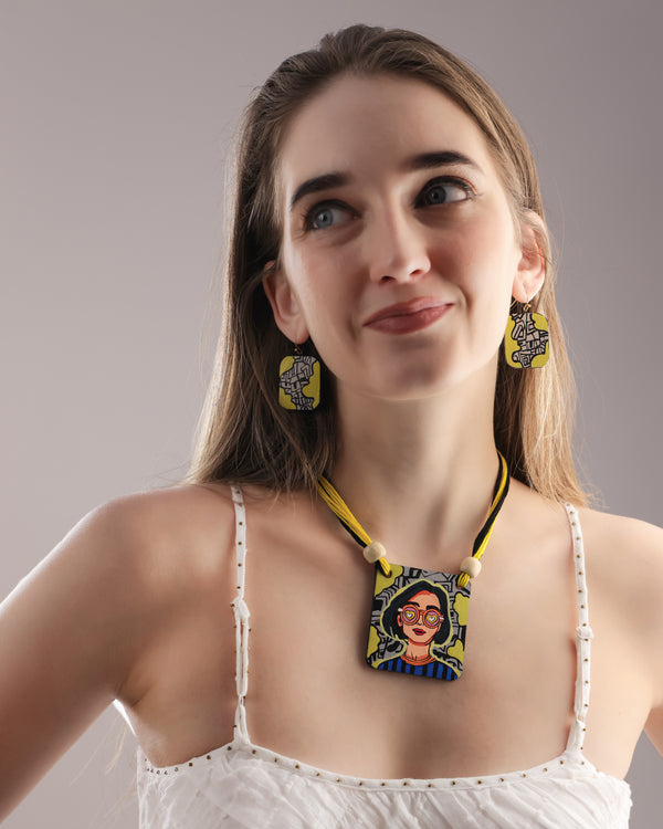 Retro Girl Clay Pendant Necklace & Earrings Set