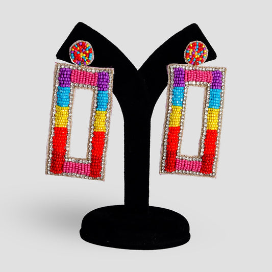 Rectangle Hand Beaded Long Earrings  Lightweight Statement Jewelry  Gift for Her