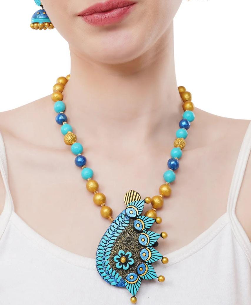Blue Clay Terracotta Jewelry Set with Leaf  Peacock Design  Handcrafted Aesthetic Jewelry  Unique Gift for Her