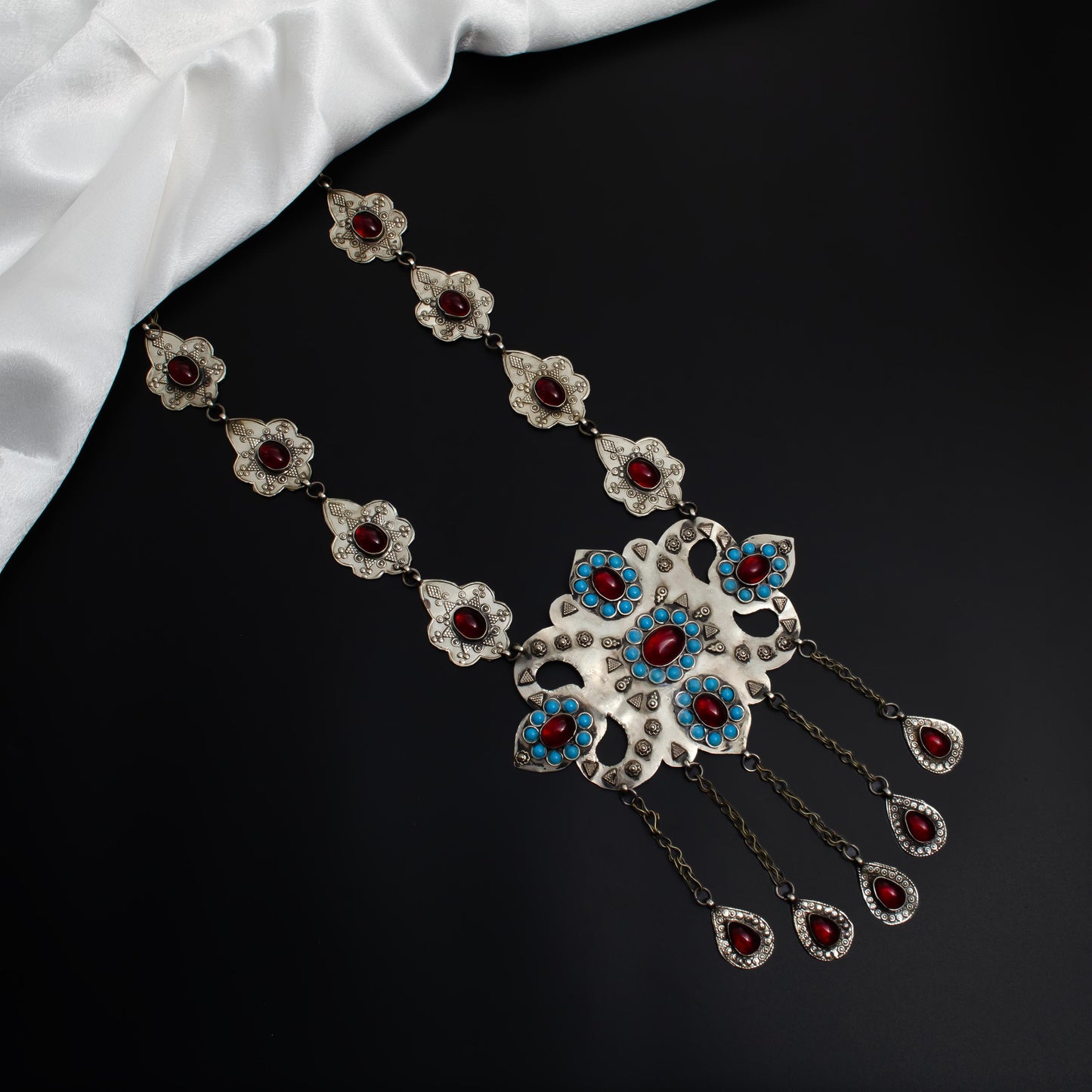Afghan Long Necklace with Red Stone  Tassels  Bohemian Kuchi Tribal Necklace