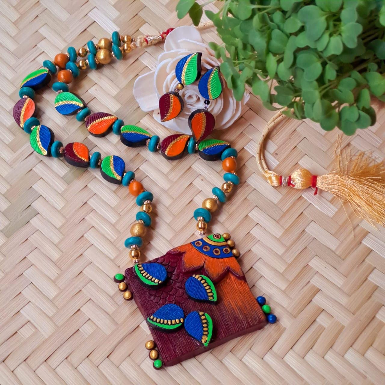 African Tribal Inspired Necklace with Earrings Unique Design Long Necklace Hand Painted Clay Jewelry  Dual Color Earring Terracotta Set