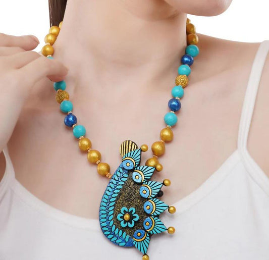 Blue Clay Terracotta Jewelry Set with Leaf  Peacock Design  Handcrafted Aesthetic Jewelry  Unique Gift for Her
