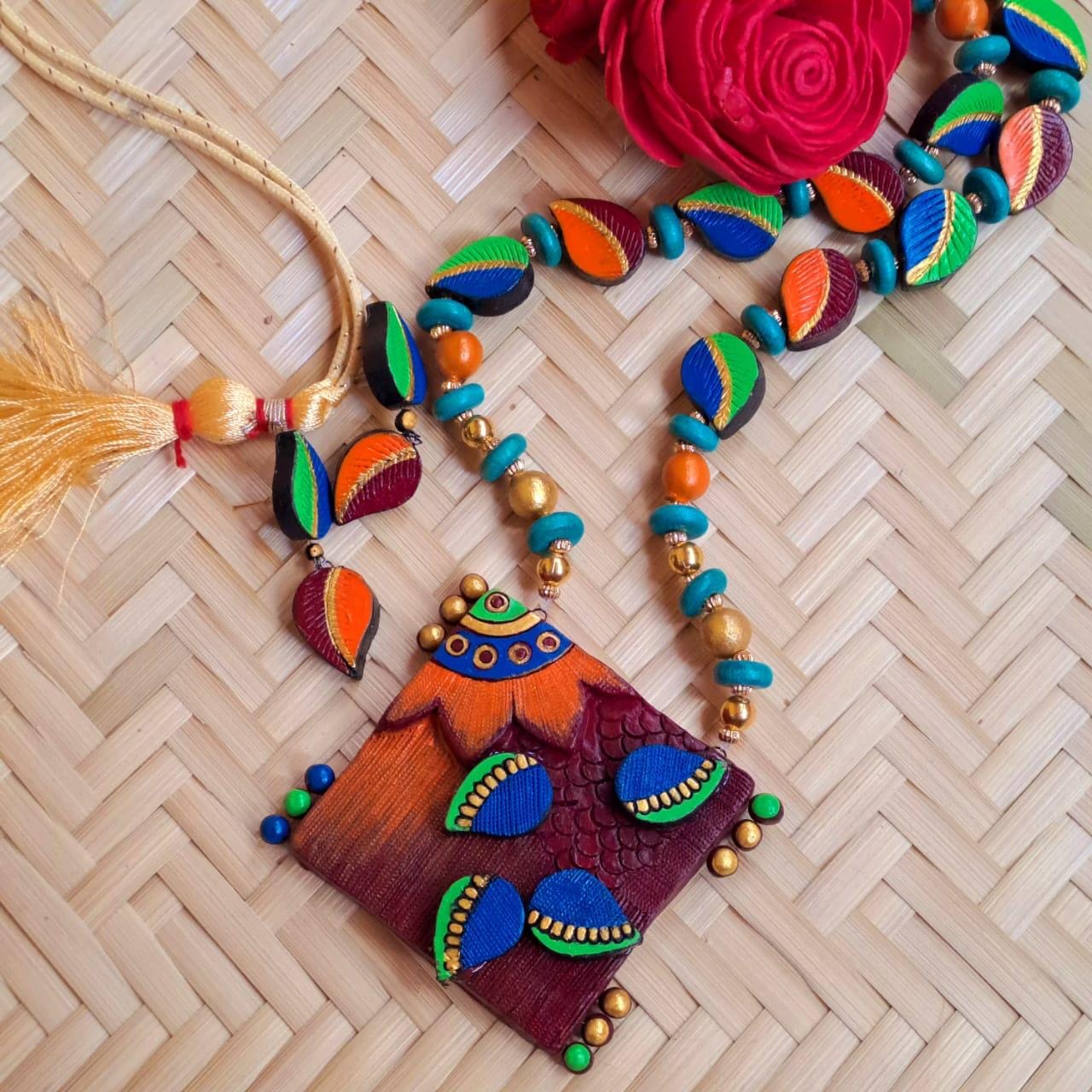 African Tribal Inspired Necklace with Earrings Unique Design Long Necklace Hand Painted Clay Jewelry  Dual Color Earring Terracotta Set
