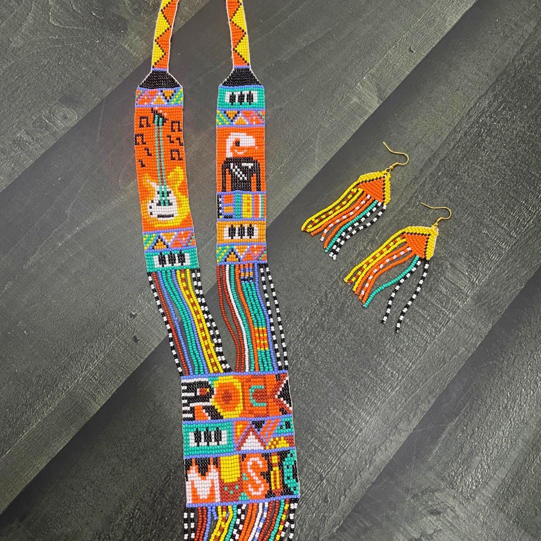 Beaded Handmade Long Necklace With Bead Necklace And Earring Set Boho Seed Bead Necklace Color Block Seed Bead Necklace Multicolor Fringe