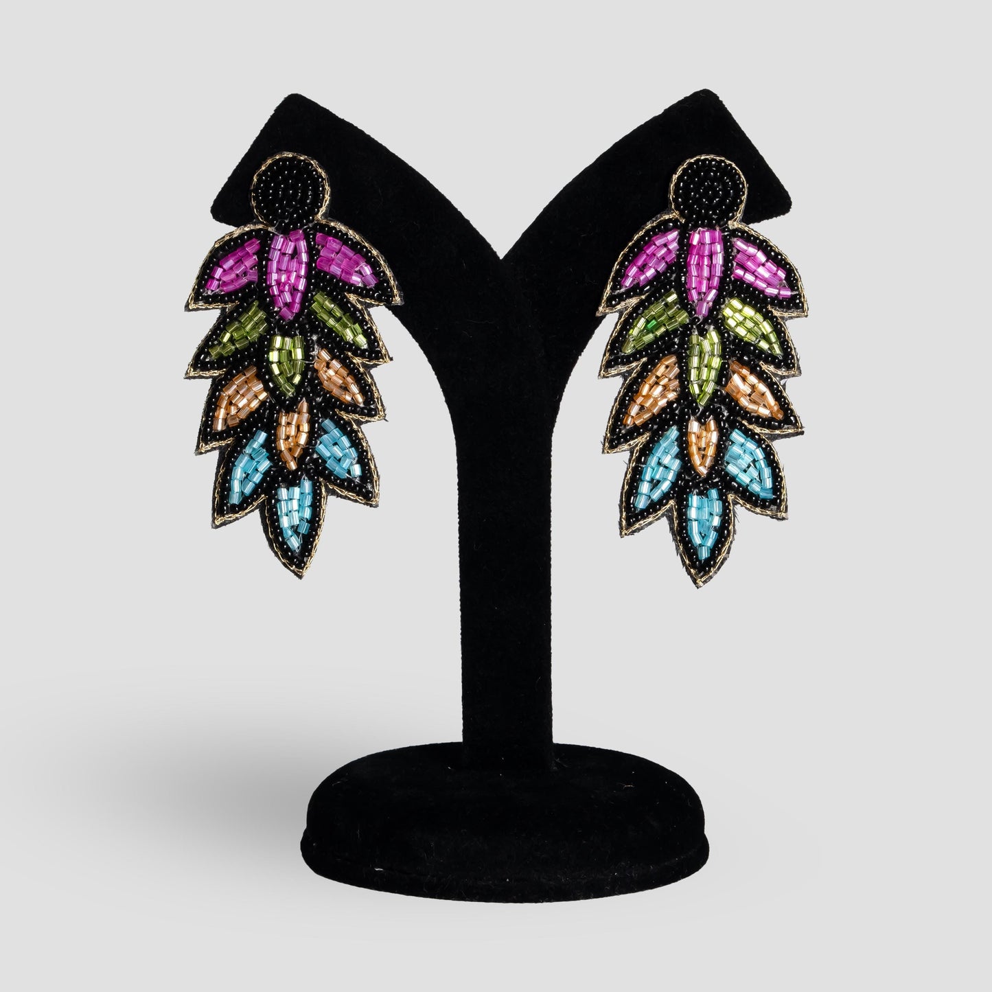 Black Seed Bead Embroidered Leaf Earrings  Long Boho Statement Jewelry  Gift for Her