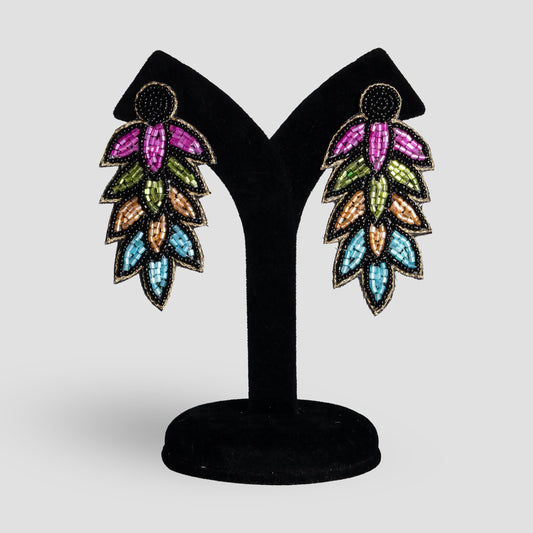 Black Seed Bead Embroidered Leaf Earrings  Long Boho Statement Jewelry  Gift for Her