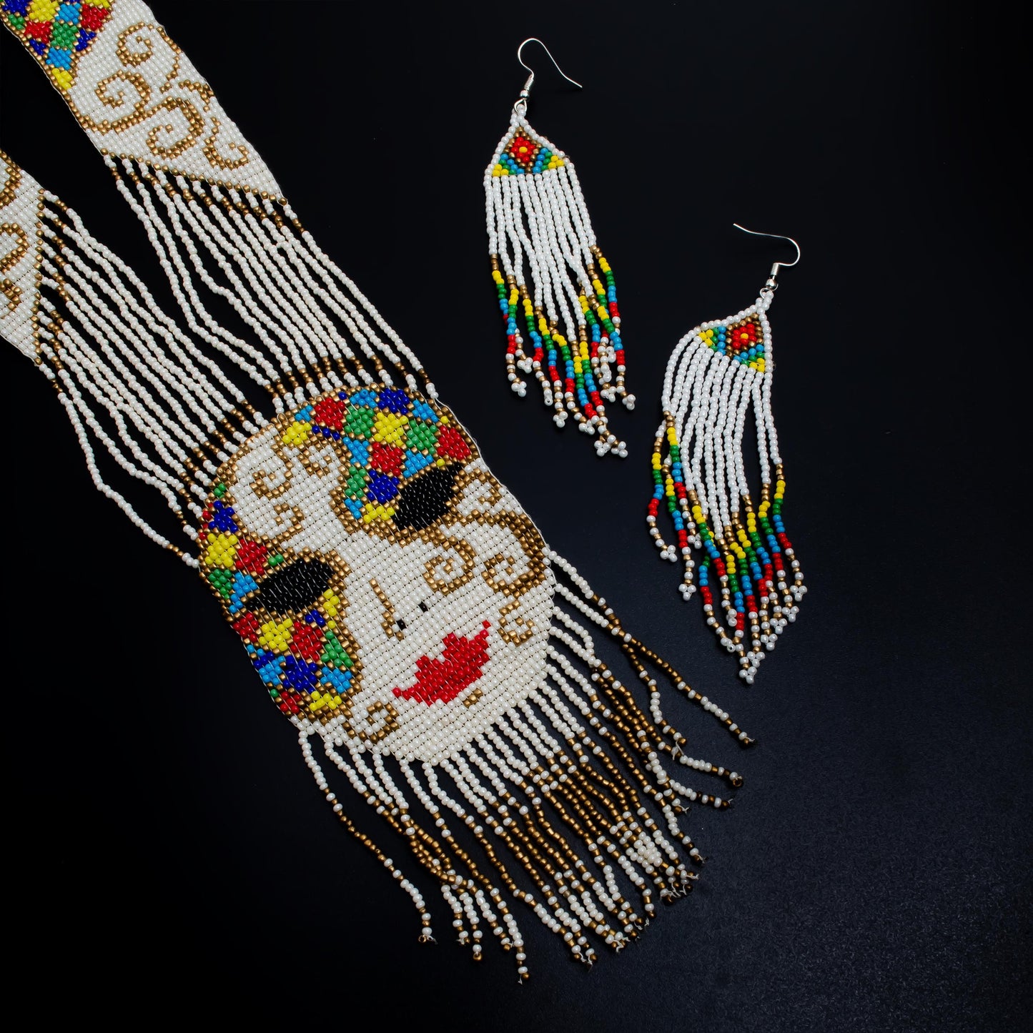 White Beaded Necklace with Abstract Woman Face Design  Multicolor Woven Seed Bead Hippie Necklace  Wedding Jewelry