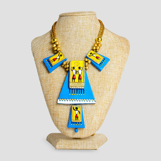 Blue Trapezoid Clay Necklace  Cute Earrings  Tribal Inspired Handcrafted Jewelry  Gifts for Her
