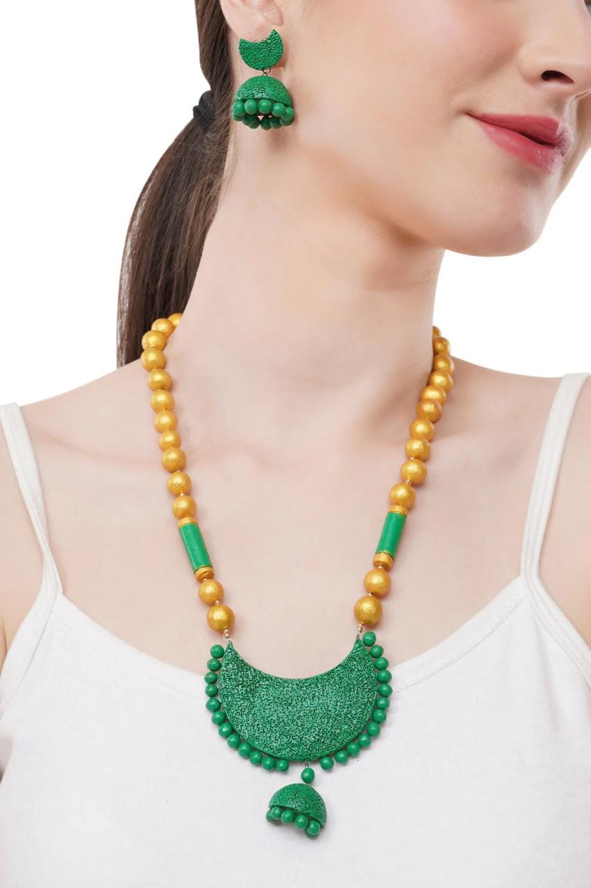 Half Moon Celestial Clay Jewelry Set  Dark Forest  Green And Orange  Handcrafted Women’s Earrings  Unique Jewelry