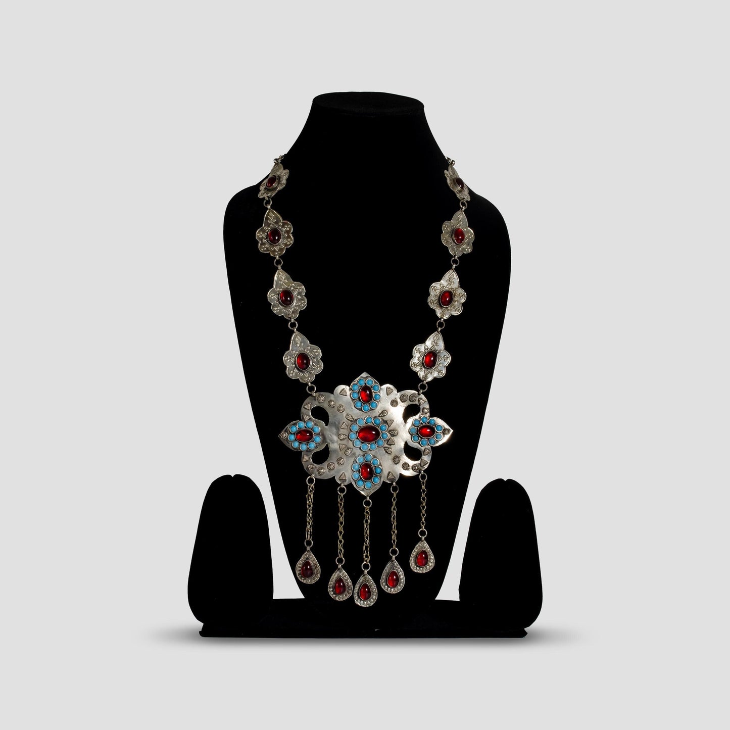 Afghan Long Necklace with Red Stone  Tassels  Bohemian Kuchi Tribal Necklace