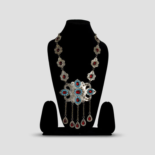 Afghan Long Necklace with Red Stone  Tassels  Bohemian Kuchi Tribal Necklace