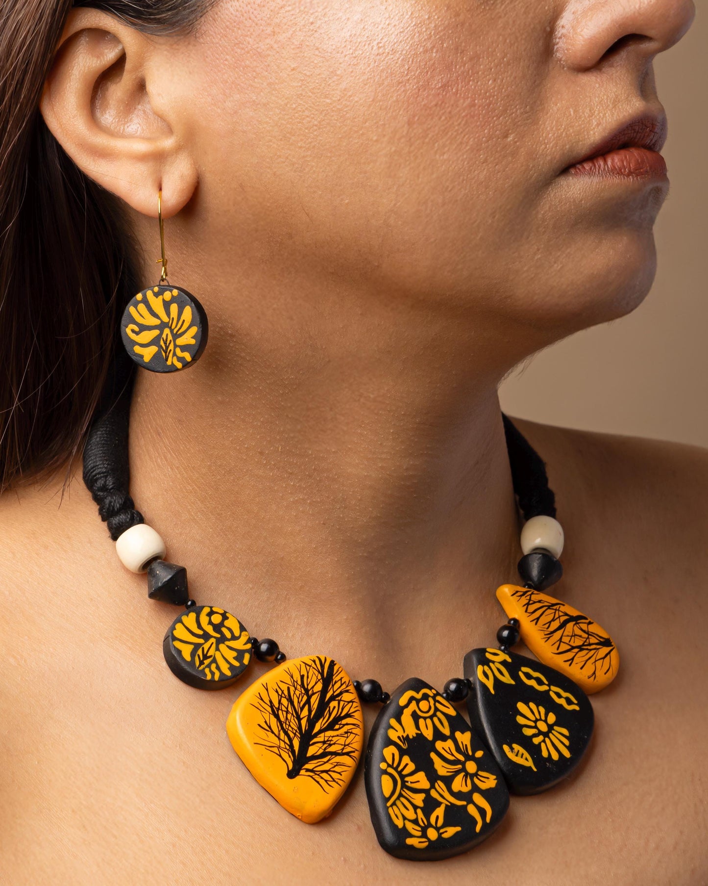 Mystical Dark Forest Design  Black Dangly Earrings  Geometric Statement Necklace  Bold Fashion Jewelry