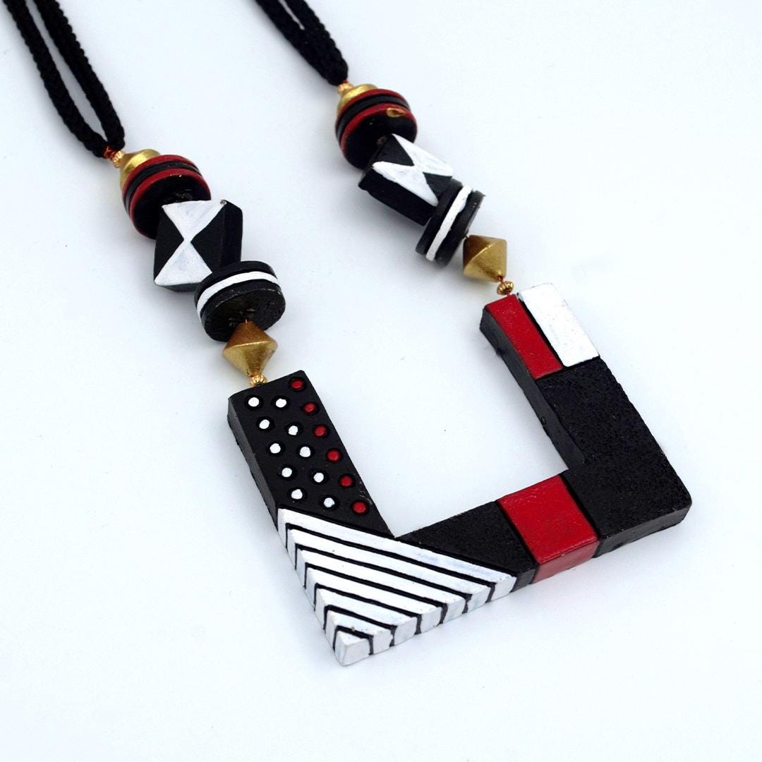 Black Geometric Terracotta Set  Boho Dangle Earrings  Handmade Geometric Jewelry