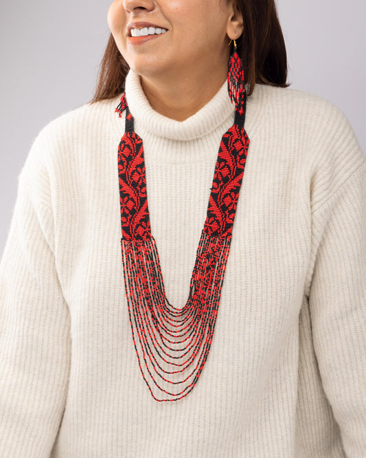 Red and Black Native American Seed Bead Jewelry Set  Hippie Statement Necklace