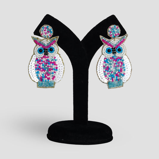 Hand Beaded White  Blue Owl Earrings  Statement Boho Earrings for Women  Beaded Jewelry