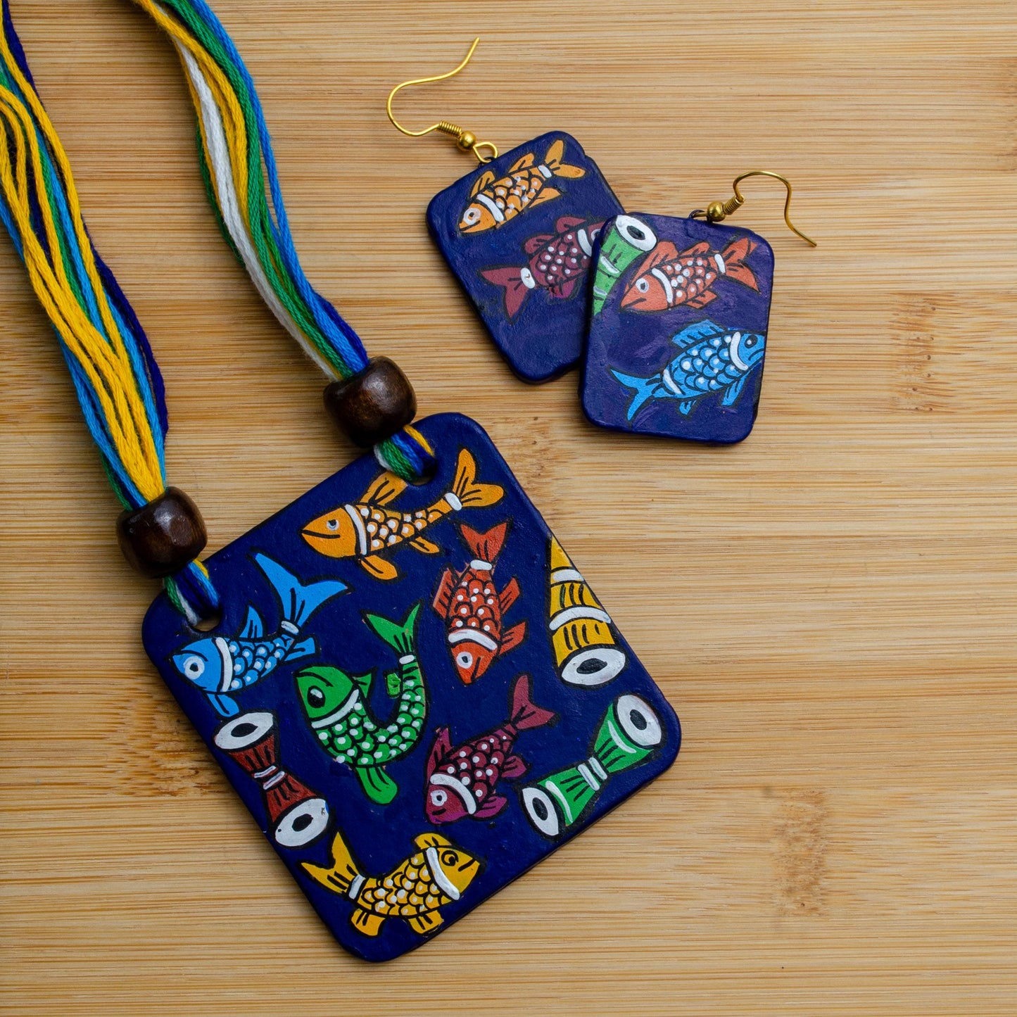 Square Clay Jewelry Set with Fish Design  Unique Dangling Earrings  Gifts for Women