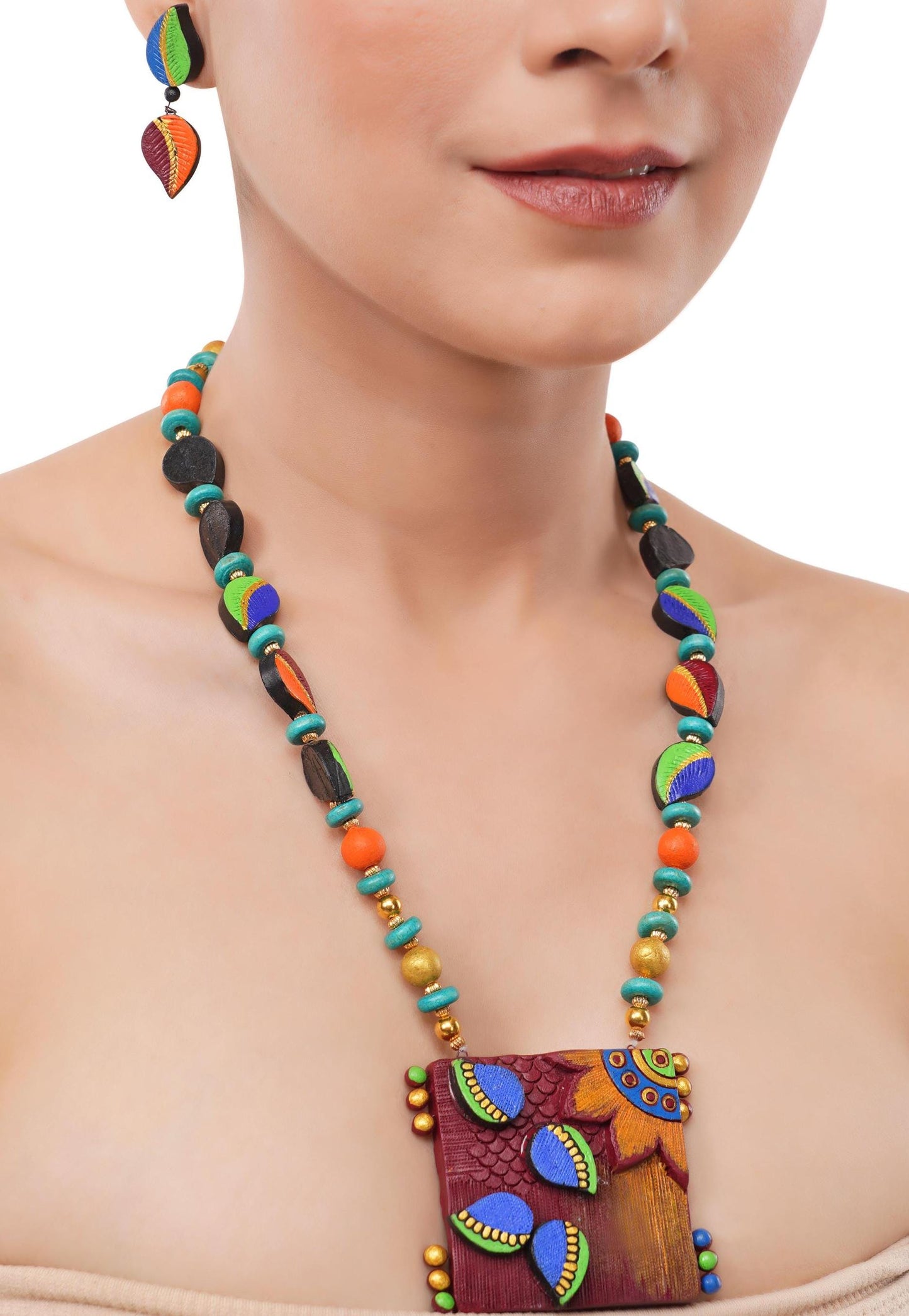 African Tribal Inspired Necklace with Earrings Unique Design Long Necklace Hand Painted Clay Jewelry  Dual Color Earring Terracotta Set