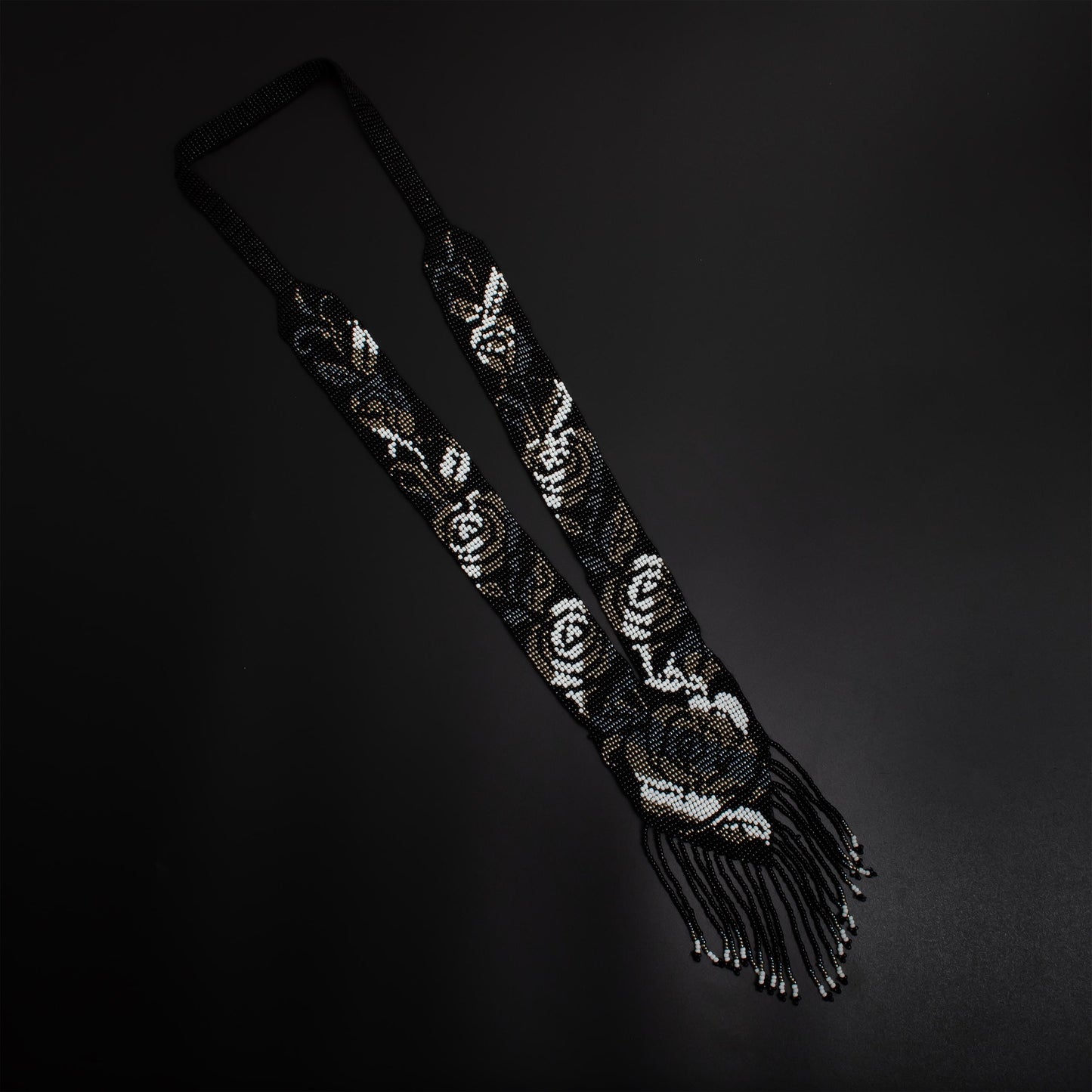 Black Beaded Necklace  Fringe Earrings Set  Handmade Traditional Ukraine Necklace with White Rose Design  Beaded Earrings